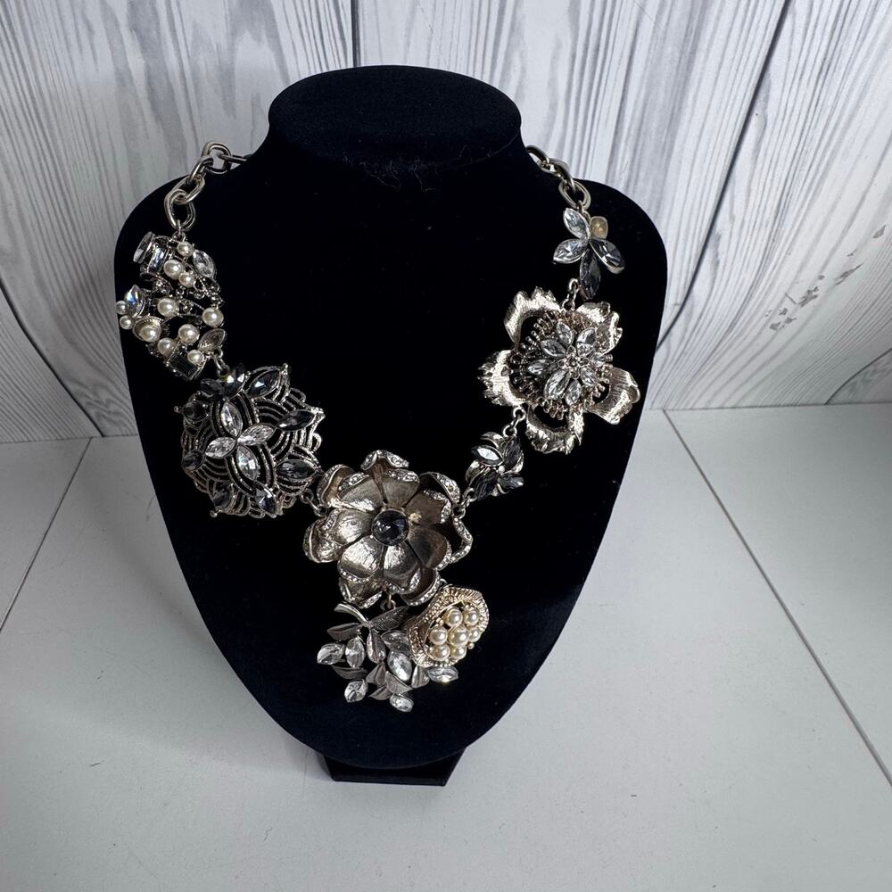 Vintage Silver Floral Statement Necklace Beaded Chain Layered Classic Boho